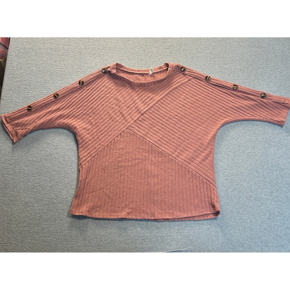 Parallel Skies Ribbed Knit Halter Top Womens L Mauve Button Shoulder 3/4 Sleeve
